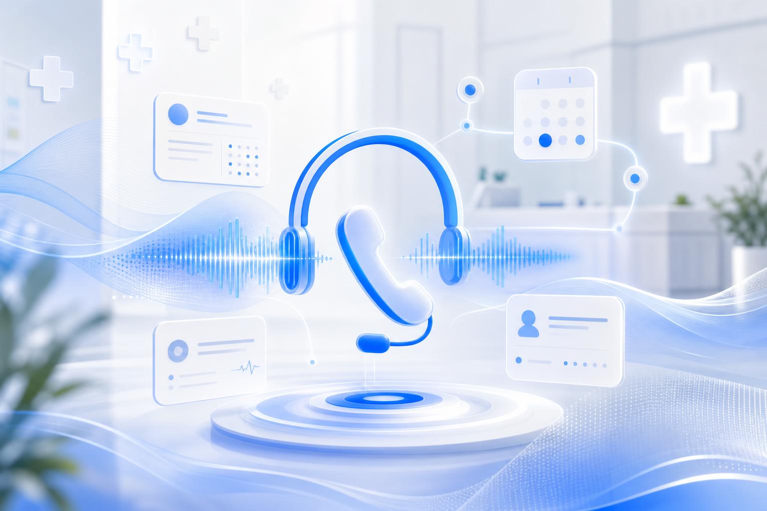 Layered illustration of an AI receptionist with cobalt sound waves and floating appointment cards