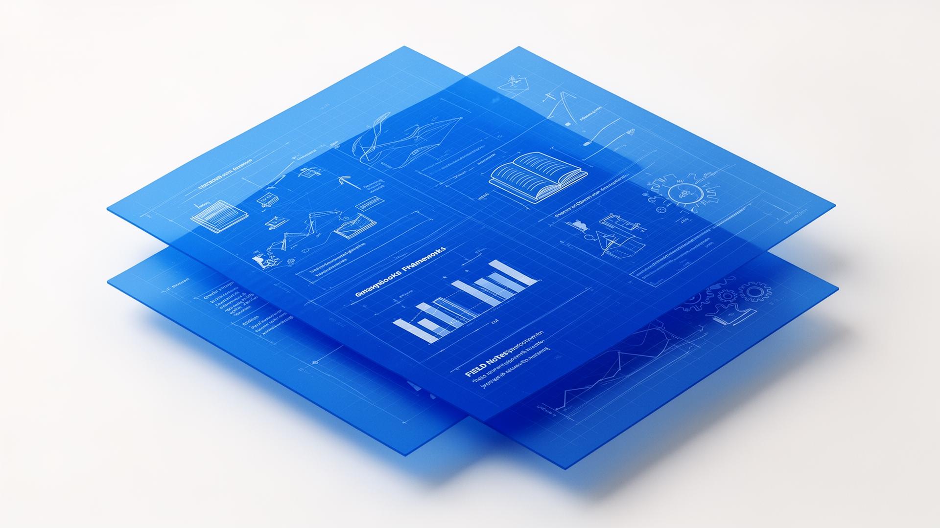 Layered cobalt blueprints representing growth playbooks and frameworks